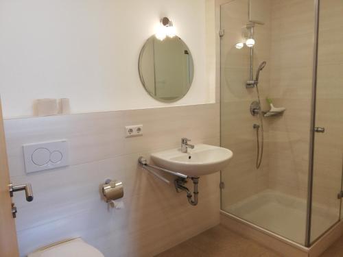La salle de bains est pourvue d'une douche, d'un lavabo et de toilettes. dans l'établissement Ferienwohnungen Weishaupt, à Meckenbeuren