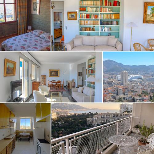 un collage de photos d'un salon et d'une chambre dans l'établissement Vue panoramique exceptionnelle sur Marseille, à Marseille