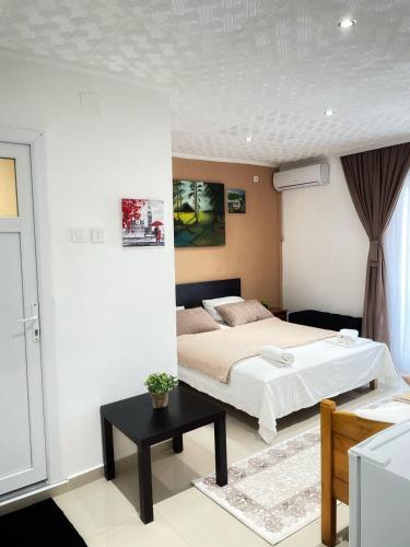 a bedroom with a bed and a table in it at Becic Apartments in Ulcinj