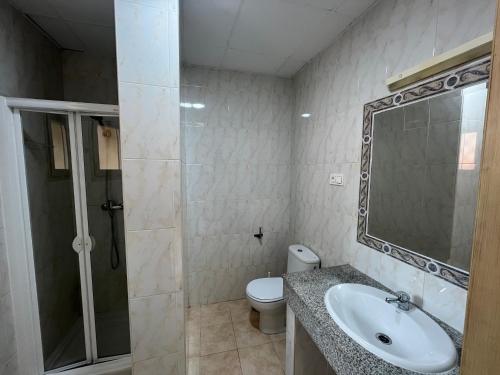 y baño con aseo, lavabo y ducha. en Vas Málaga Ciudad, en Málaga
