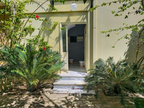 un pasillo que conduce a una casa con plantas en Cozy Hotel Dhermi en Dhërmi