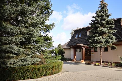 a house with two pine trees in front of it at Hotel i Restauracja Borowianka in Ostrów Wielkopolski
