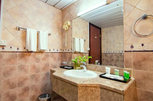 een badkamer met een wastafel en een grote spiegel bij Garden Hotel Muscat By Royal Titan Group in Muscat