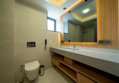 a bathroom with a sink and a toilet and a mirror at Batıhan Vadi Hotel in Kuşadası