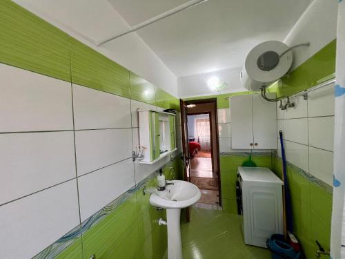 a green and white bathroom with a sink and a mirror at Guest House Dimos Kristi in Përmet