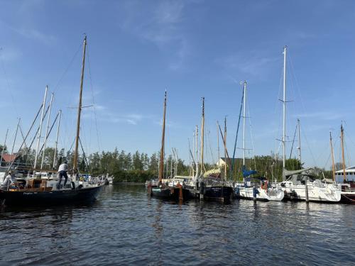 a group of boats docked in the water at Holiday Home Harboursuite Woudsend incl- motorboot by Interhome in Woudsend