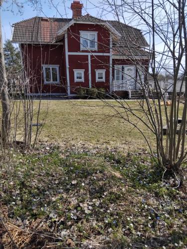 czerwony dom z trawnikiem i drzewem w obiekcie Röda villan 