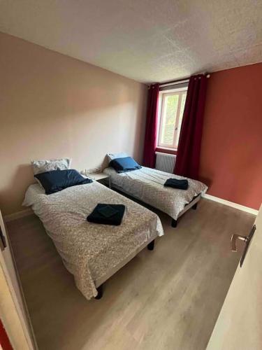 une chambre avec deux lits et une fenêtre dans l'établissement Bel appartement avec piscine, à Saint-Geniès