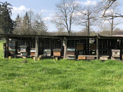 a wooden barn with a bunch of boxes in a field at La maison de claire in Saint-Ouen-sur-Gartempe