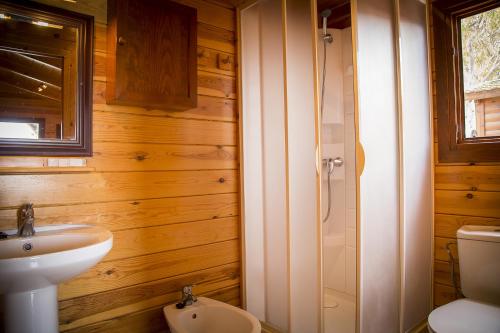 a bathroom with a sink and a toilet and a shower at Aranjuez Camping & Bungalows in Aranjuez