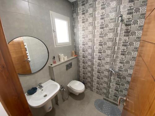 La salle de bains est pourvue d'un lavabo, de toilettes et d'un miroir. dans l'établissement cozy apartment, à La Marsa