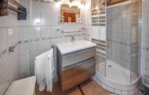 uma casa de banho com um lavatório e um chuveiro em Lovely Home In Moustiers-sainte-marie With Kitchen em Moustiers-Sainte-Marie