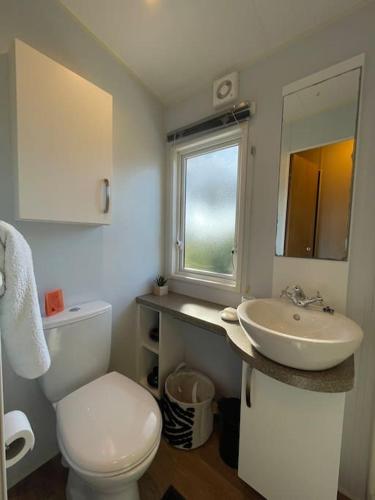 une salle de bain blanche avec des toilettes et un lavabo dans l'établissement Bungalow vue mer / Terrasse panoramique / parking, à Gassin