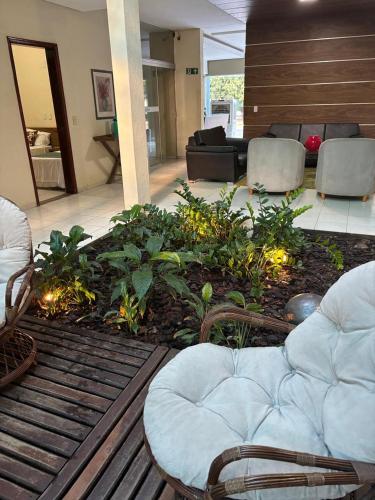 ein Wohnzimmer mit einem Sofa, Stühlen und Pflanzen in der Unterkunft San Felipe Hotel in Colinas do Tocantins