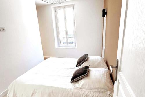 een slaapkamer met een bed met 2 kussens erop bij Rebeca - 4 pers Standing - Hyper centre -Terrasse in Saint-Raphaël
