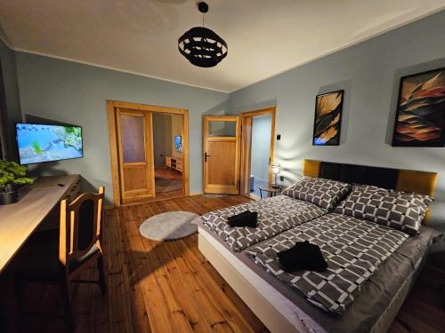 a bedroom with a bed and a desk in it at Family Rooms in Zabrze
