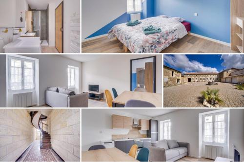 un collage de photos d'une chambre et d'un salon dans l'établissement Les attraits de Royan, à Saint-Ciers-sur-Gironde