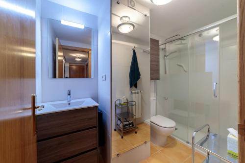 y baño con aseo, lavabo y ducha. en Ca Mari Apartamento con garaje en Zamora
