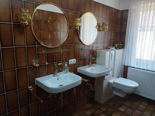 uma casa de banho com um lavatório, um WC e espelhos em Ferienwohnung "Zwei Finken" in der Blumenstadt Wiesmoor em Wiesmoor