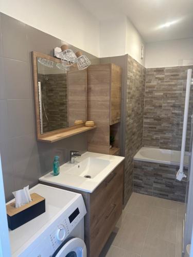 une salle de bain avec un lavabo et une machine à laver dans l'établissement Appartement des calanques, à Marseille