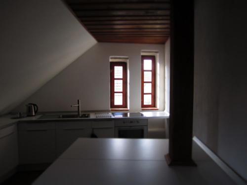 a kitchen with a sink and two windows at Holubník statečných žen králových in Luže