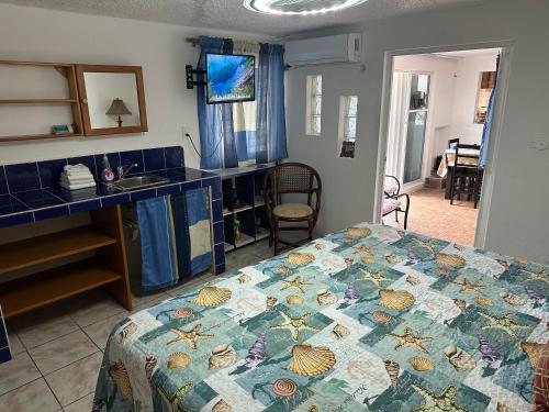 a bedroom with a bed and a kitchen with a sink at Casa Luna A2 in Cozumel
