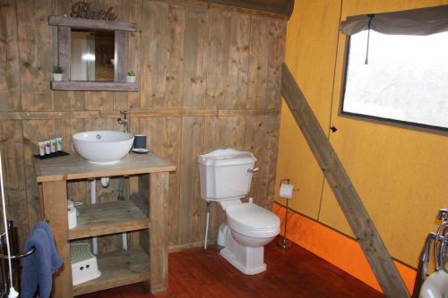 een badkamer met een wit toilet en een wastafel bij The Alpaca 