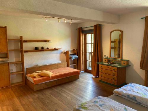 a bedroom with two beds and a dresser and a mirror at Ferienwohnung Schreiner in Wernstein am Inn