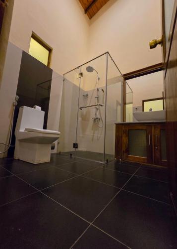 a bathroom with a shower and a toilet and a sink at Grand Kalundawa Resort in Dambulla