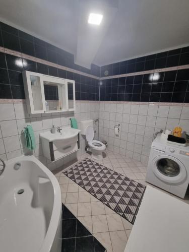 y baño con lavabo, aseo y lavadora. en Doboj Apartman, en Doboj