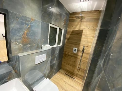 uma casa de banho com um WC e um chuveiro em Mara Central Apartment 4 em Tirana