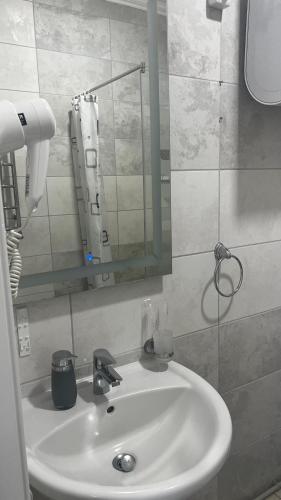 a bathroom with a white sink and a mirror at Карпати Кайзервальд апарт in Karpaty