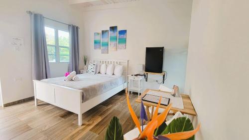 a white bedroom with a bed and a tv at La Jamaca in La Parguera