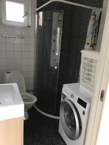 een badkamer met een douche en een wasmachine bij Gäststugan in Uppsala