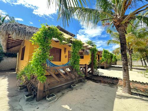 a yellow house with a fence and a palm tree at Pousada Vento do Kite in Barra Grande