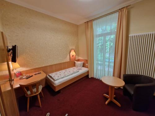 a hotel room with a bed and a table and a window at Pension Villa Anna in Bad Schandau