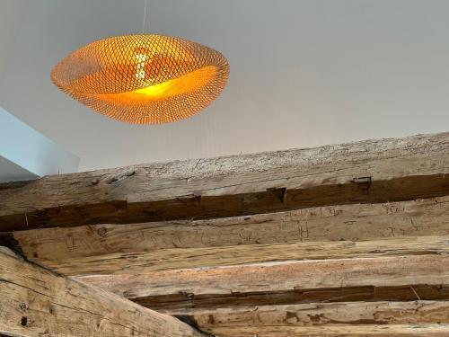 a light hanging from the ceiling of a room at Fewo Horst_ grün. in Elmenhorst