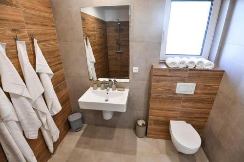 a bathroom with a sink and a toilet and a mirror at Wellness Villa Bobrik in Pribylina