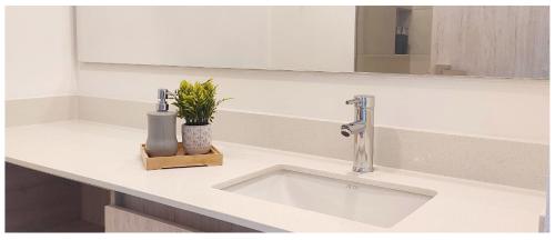 a bathroom counter with a sink and a mirror at ApartaSuite 932 en Porto Horizonte SANTA MARTA in Santa Marta
