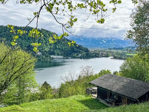 a house on a hill with a view of a lake at Holiday Home Häuschen am Waldrand by Interhome in Annenheim