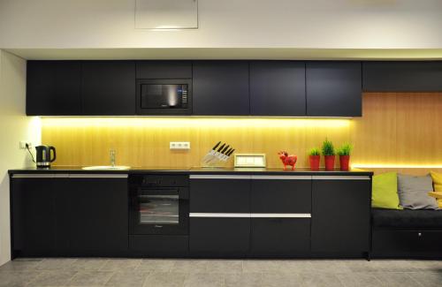 a kitchen with black cabinets and a couch at Bomb Shelter apartment in Vilnius