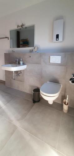 a bathroom with a sink and a toilet and a mirror at Sinsheim Ferienwohnung in Sinsheim