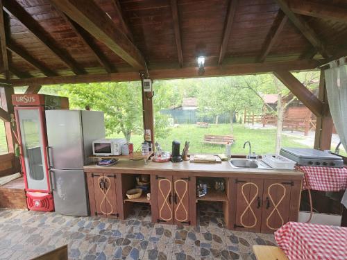 an outdoor kitchen with a refrigerator and a counter at Casute la "Doi pasi de Castel" in Hunedoara