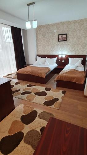 a bedroom with two beds and a rug at Pensiunea Select in Arad