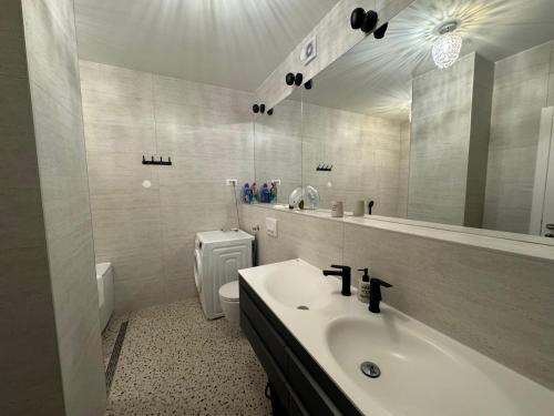ein Badezimmer mit Waschbecken, Spiegel und Toilette in der Unterkunft Apartment Perlita in Fažana
