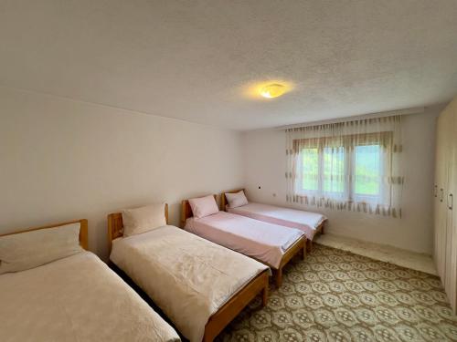 a bedroom with two beds and a window at Nature Guesthouse Vuthaj in Vusanje