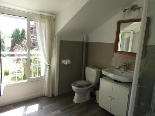 baño con aseo y lavabo y ventana en Gîte nature à La Chapelle de Brain, en La Chapelle-de-Brain