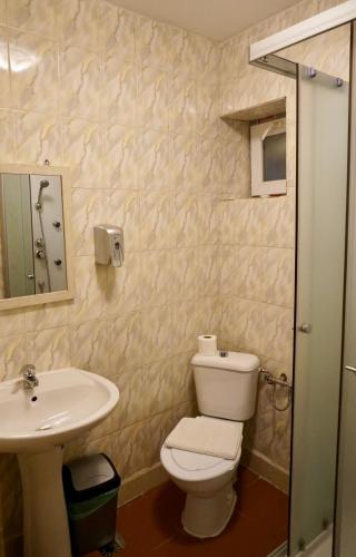 a bathroom with a toilet and a sink at Cazare Alfredo in Craiova