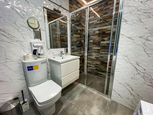 a bathroom with a toilet and a shower and a sink at Новобудова в Центрі біля набережної in Kremenchuk