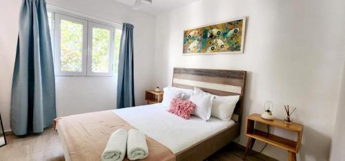 - une chambre avec un lit doté d'oreillers et d'une fenêtre dans l'établissement Alojamiento Fred Bayahibe, à Bayahibe